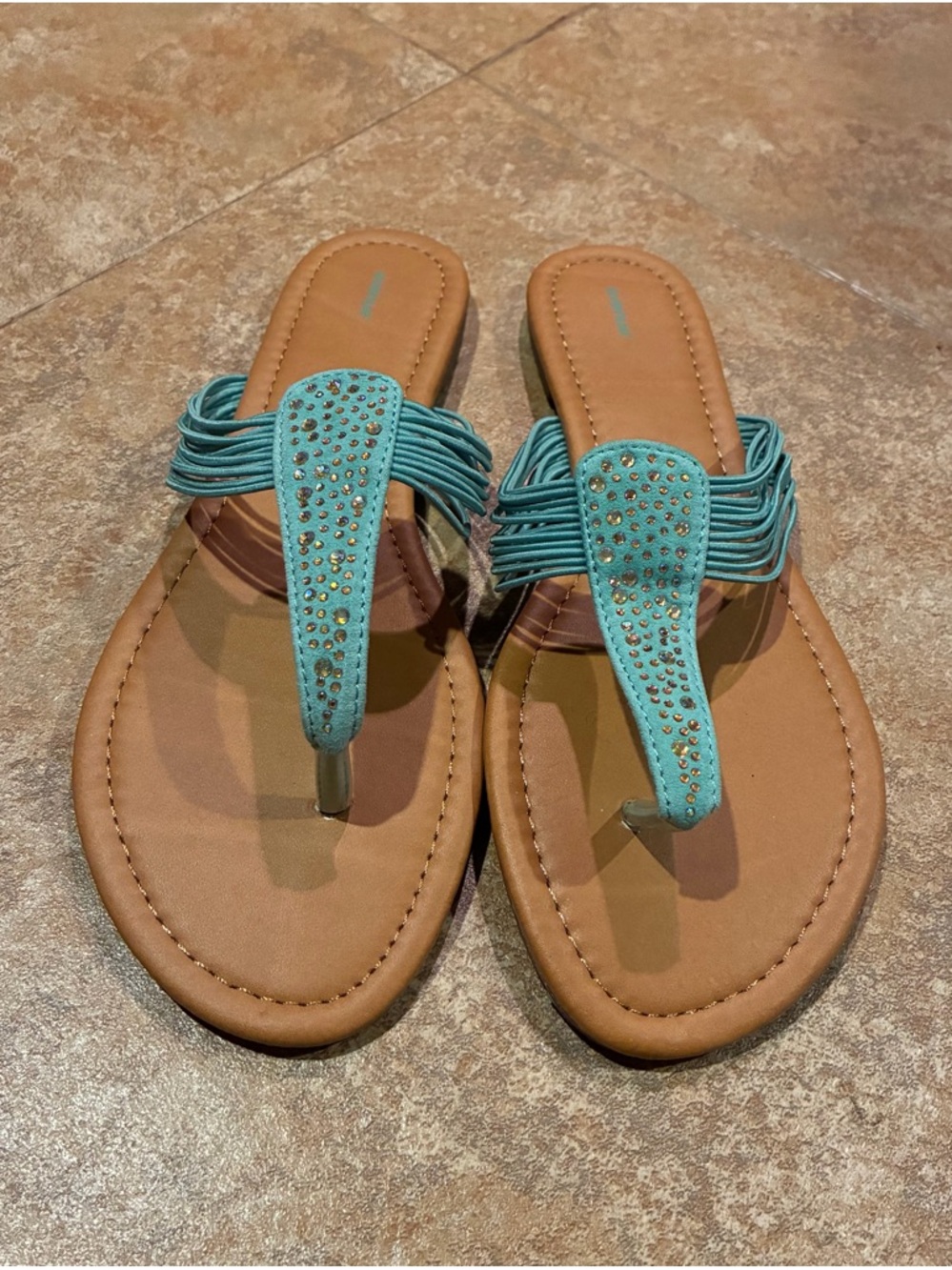 Avenue Turquoise Rhinestone Thong Sandals with Tan Footbed